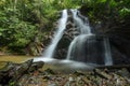 Amazing cascading tropical waterfall. wet and mossy rock, surrounded by green rain forest Royalty Free Stock Photo