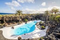 Amazing cave, pool, natural auditorium, salty lake designed by Cesar Manrique in volcanic tunnel called Jameos del Agua in Royalty Free Stock Photo