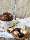 Amazing Chocolate Easter Cake with chocolate drops and dry cherries on an old wooden background with black and golden eggs. Easter