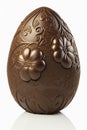 An amazing chocolate easter egg with flower details drawn, white infinite background, Generative AI