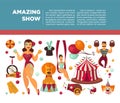 Amazing circus promo poster with participants of show and equipment.