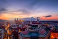 Amazing cityscape view of Prague Castle and church of our Lady Tyn, Czech Republic during sunset time. View from powder tower. Royalty Free Stock Photo