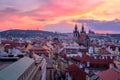 Amazing cityscape view of Prague Castle and church of our Lady Tyn, Czech Republic during sunset time. View from powder tower. Royalty Free Stock Photo