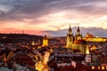 Amazing cityscape view of Prague Castle and church of our Lady Tyn, Czech Republic during sunset time. View from powder tower. Royalty Free Stock Photo