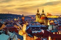 Amazing cityscape view of Prague Castle and church of our Lady Tyn, Czech Republic during sunset time. View from powder tower. Royalty Free Stock Photo