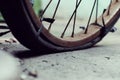 Amazing close up old bicycle front of antique house in vintage tone Royalty Free Stock Photo