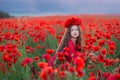 Amazing close up portrait of lovely cute young romantic girl with poppy flower in hand posing on field background. Wearing red Royalty Free Stock Photo