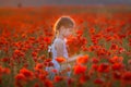 Amazing close up portrait of lovely cute young romantic girl with poppy flower in hand posing on field background. Wearing straw Royalty Free Stock Photo