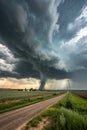 Amazing clouds over the landscape of the American Mid-West as supercell thunderstorms develop. Huge tornado on the ground, Royalty Free Stock Photo