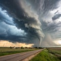 Amazing clouds over the landscape of the American Mid-West as supercell thunderstorms develop. Huge tornado on the ground, Royalty Free Stock Photo