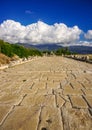 Amazing cloudy sky on ancient road of ancient city of Xanthos - Letoon Xantos, Xhantos, Xanths in Kas, Antalya, Turkey.