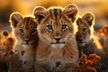 Amazing coalition of young lions. Beautiful illustration picture. Generative AI