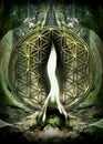 Poster, Wallpaper with Flower Of Life and Green Flame of Archangel Raphael in beautiful mystical forest landscape.