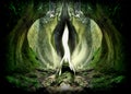 Poster Green Flame of Archangel Raphael in beautiful mystical forest landscape.