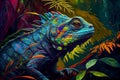 Colorful iguana in the fantasy rain forest, ai illustration Royalty Free Stock Photo