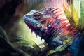 Amazing colorful iguana in the fantasy rain forest, ai illustration Royalty Free Stock Photo