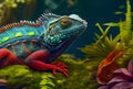 Amazing colorful iguana in the fantasy rain forest, ai illustration Royalty Free Stock Photo