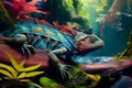 Amazing colorful iguana in the rain forest, ai illustration Royalty Free Stock Photo