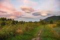 Amazing colorful lenticular clouds over mountain in countryside at the walking route. Irun, Basque Country, Spain.