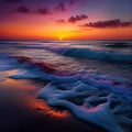 Amazing colorful ocean beach at sunset with endless horizon and incredible foamy waves made with generative AI