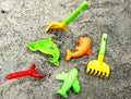 Amazing Colorful sand toys for kids on beach playing cute, happy summer holidays, safty activities in family, kids playing outside Royalty Free Stock Photo