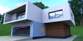 An amazing combination of compact design and functionality. Exclusive design of a country house with a garage. 3d render