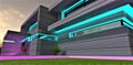 Amazing concept of the contemporary house night illumination in turquoise and purple. Looks good with aluminium facade. 3d