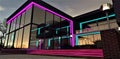 Amazing concept of the glass facade night illumination of the contemporary estate under thw starry sky. 3d rendering