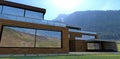 An amazing concept of a modern country estate located in a valley between mountains. Facade decoration with wood. Spacious