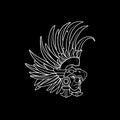 White outline on black background, tribal warrior wearing beautiful helmet with long feathers Royalty Free Stock Photo