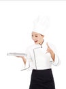 Amazing cook woman chef holding tray and showing something Royalty Free Stock Photo