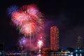 Amazing countdown at Chao Phraya river which celebrate new year with colorful fireworks in Bangkok city, Thailand