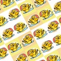 The Amazing of Cute Baby Chicken Slipping Illustration, Cartoon Funny Character in the Colorful Background, Pattern Wallpaper
