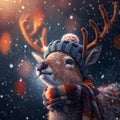 Amazing cute deer with a knitted hat and scarf on New Year`s Eve with snow on nature. 3D illustration
