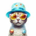 Amazing cutie cat wearing blue summer hat and sunglasses isolated over white background. Created with generative Ai