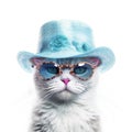 Amazing cutie cat wearing blue summer hat and sunglasses isolated over white background. Created with generative Ai