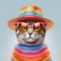 Amazing cutie cat wearing colorful rainbow summer hat and sunglasses isolated over blue background. Created with generative Ai