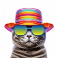 Amazing cutie cat wearing colorful rainbow summer hat and sunglasses isolated over white background. Created with generative Ai