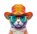 Amazing cutie cat wearing colorful rainbow summer hat and sunglasses isolated over white background. Created with generative Ai