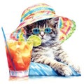 Amazing cutie cat wearing colorful summer hat and cocktail glass isolated over white background. Created with generative Ai Royalty Free Stock Photo