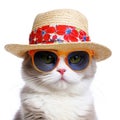 Amazing cutie cat wearing colorful summer hat and sunglasses isolated over white background. Created with generative Ai