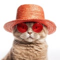 Amazing cutie cat wearing red summer hat and sunglasses isolated over white background. Created with generative Ai