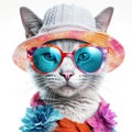 Amazing cutie cat wearing white summer hat and blue sunglasses isolated over white background. Created with generative Ai