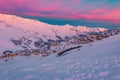 Amazing dawn scenery with alpine ski resort, Les Menuires, France Royalty Free Stock Photo