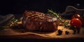 Amazing delicious medium rare roased meat steak at wooden board, AI generative image