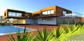 Amazing design of the ecological energy efficient house in the mountains. Red brick tile around the pool. 3d rendering