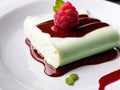 Amazing dessert: white and dark chocolate cannelloni with delicate mascarpone mousse and juicy raspberries Royalty Free Stock Photo