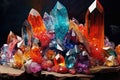 Amazing detailed closeup of colorful Rainbow Aura Quartz Crystal coated cluster on black background.