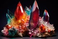 Amazing detailed closeup of colorful Rainbow Aura Quartz Crystal coated cluster on black background.