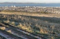 Amazing Edinburgh cityscape and Leith docks with the skyline seen from the top of Salisbury Crags